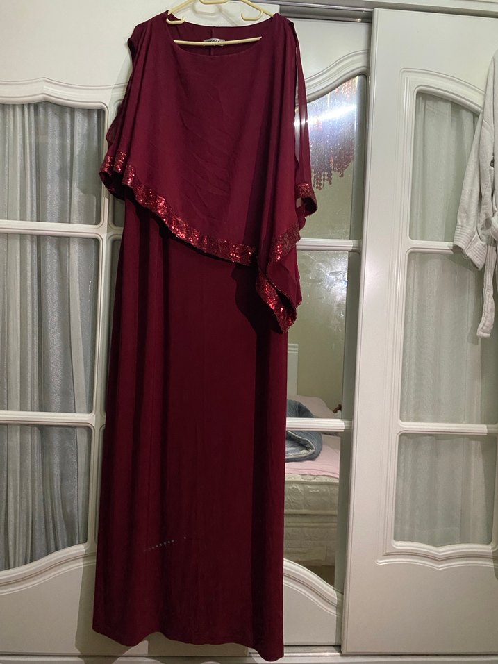 Bordo Uzun Drapeli Kadın Abiye Elbise - Görsel 2