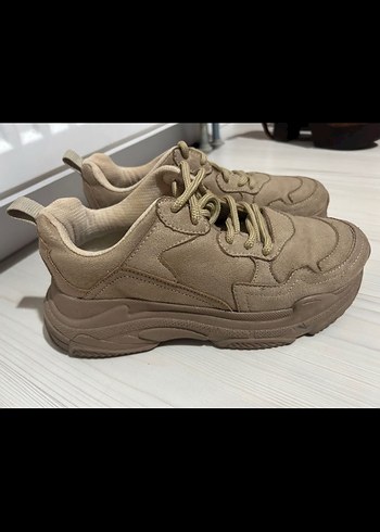 Bej Platform Topuklu Bağcıklı Kadın Spor Ayakkabı - Görsel 3