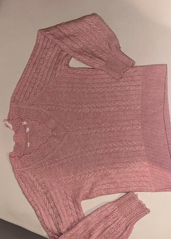 Pembe V Yaka Örgü Kadın Kazak - Görsel 2