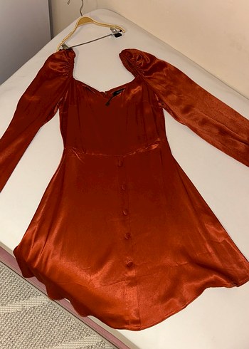 U Yakalı, Drapeli, Uzun Kollu kiremit Midi Elbise - Görsel 5