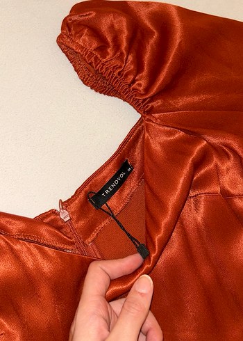 U Yakalı, Drapeli, Uzun Kollu kiremit Midi Elbise - Görsel 2