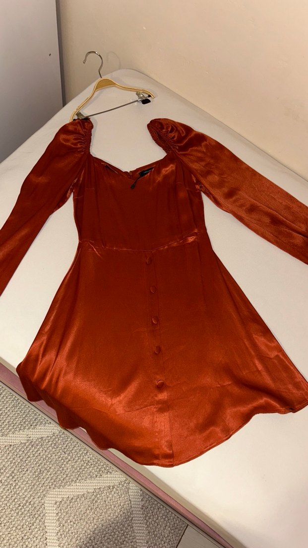 U Yakalı, Drapeli, Uzun Kollu kiremit Midi Elbise - Görsel 5