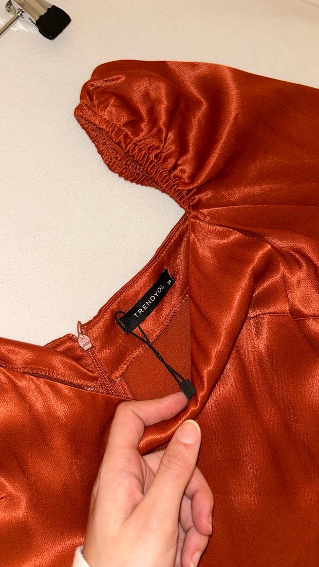 U Yakalı, Drapeli, Uzun Kollu kiremit Midi Elbise - Görsel 2