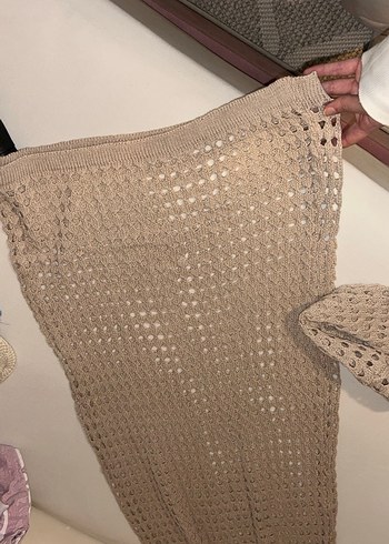 Bej Örgü Bohem Uzun Kollu Kadın Kazak etek takım - Görsel 4