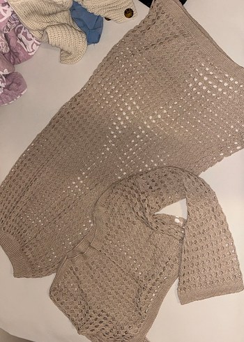 Bej Örgü Bohem Uzun Kollu Kadın Kazak etek takım - Görsel 2