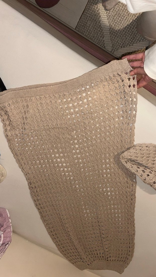 Bej Örgü Bohem Uzun Kollu Kadın Kazak etek takım - Görsel 4