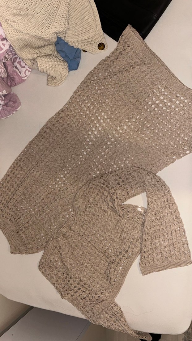 Bej Örgü Bohem Uzun Kollu Kadın Kazak etek takım - Görsel 2