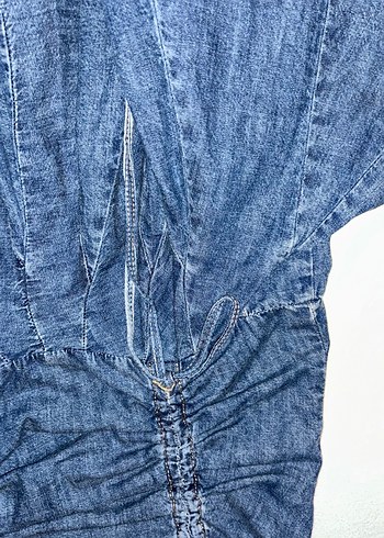 Kadın Lacivert Pileli Midi Denim straples Elbise - Görsel 3