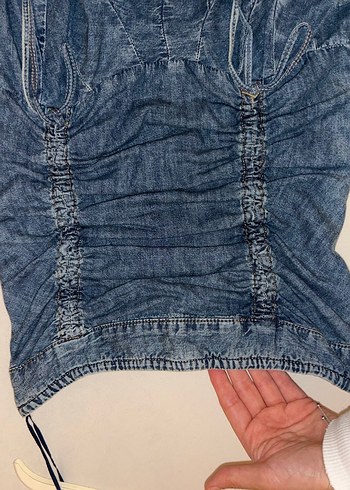 Kadın Lacivert Pileli Midi Denim straples Elbise - Görsel 8