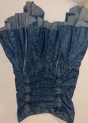 Kadın Lacivert Pileli Midi Denim straples Elbise - Görsel 2