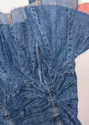 Kadın Lacivert Pileli Midi Denim straples Elbise - Görsel 4