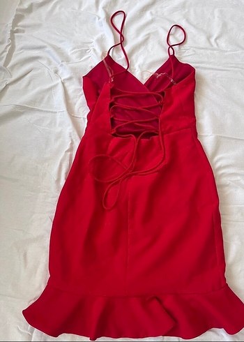 Kırmızı V Yaka Mini Şık Abiye Elbise - Görsel 4