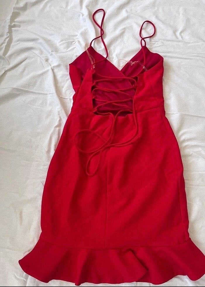 Kırmızı  V Yaka Mini Şık Abiye Elbise - Görsel 4