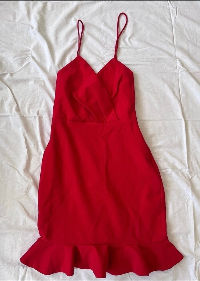 Kırmızı  V Yaka Mini Şık Abiye Elbise - Görsel 3