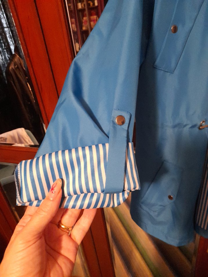 Düğmeli Mavi yagmurluk Midi Mont - Görsel 3