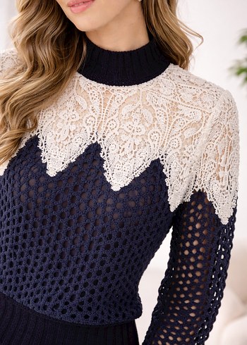 Dantel Detaylı Yüksek Yakalı Kadın Triko - Görsel 2
