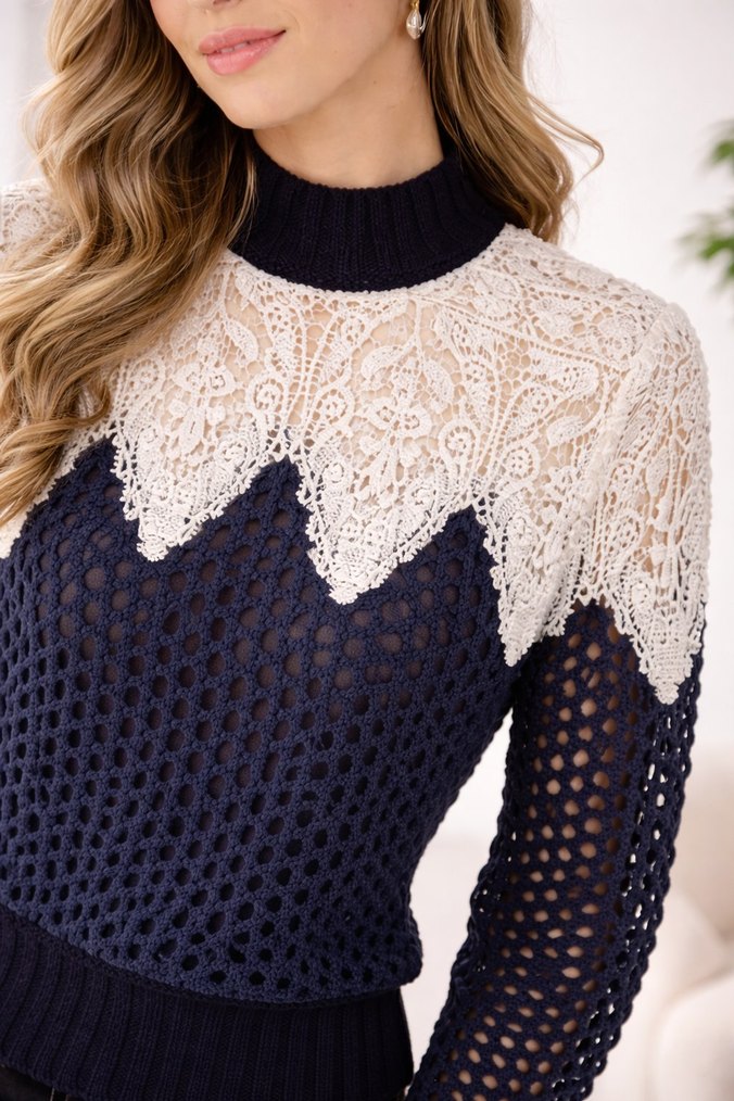 Dantel Detaylı Yüksek Yakalı Kadın Triko - Görsel 2
