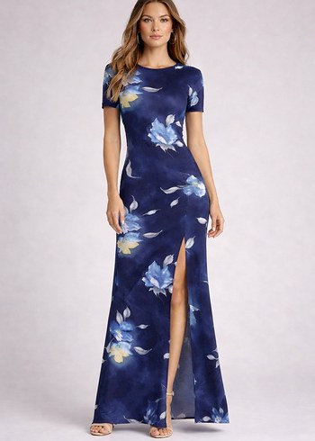 Lacivert  Desenli Uzun Elbise - Görsel 2