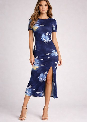 Lacivert  Desenli Uzun Elbise - Görsel 3