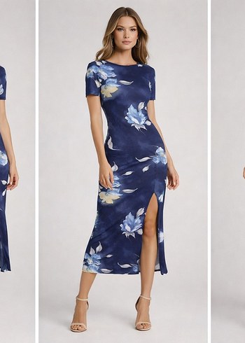 Lacivert  Desenli Uzun Elbise - Görsel 4