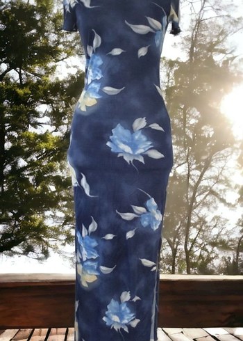 Lacivert  Desenli Uzun Elbise - Görsel 8