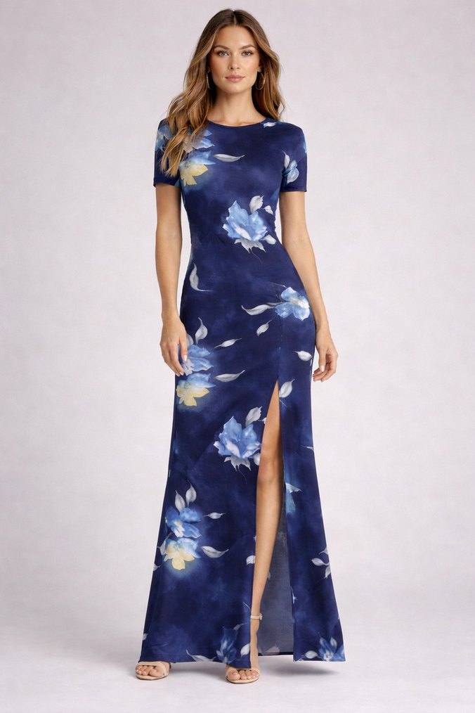 Lacivert  Desenli Uzun Elbise - Görsel 2