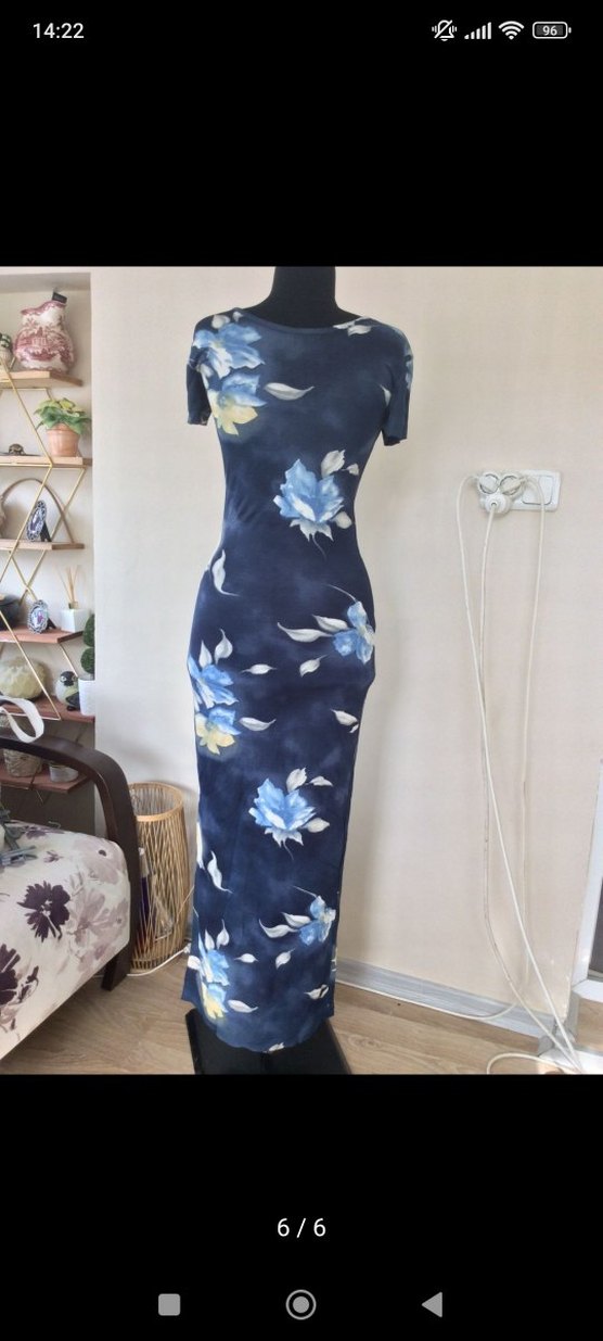 Lacivert  Desenli Uzun Elbise - Görsel 5