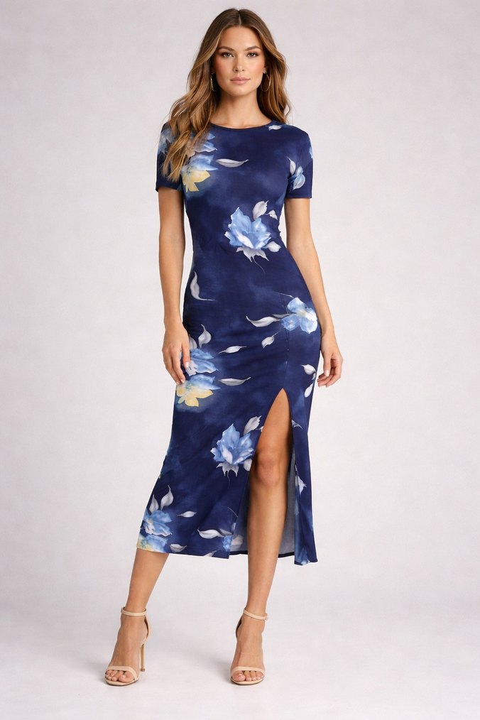 Lacivert  Desenli Uzun Elbise - Görsel 3