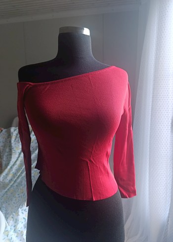 Kırmızı kayık yaka crop - Görsel 6