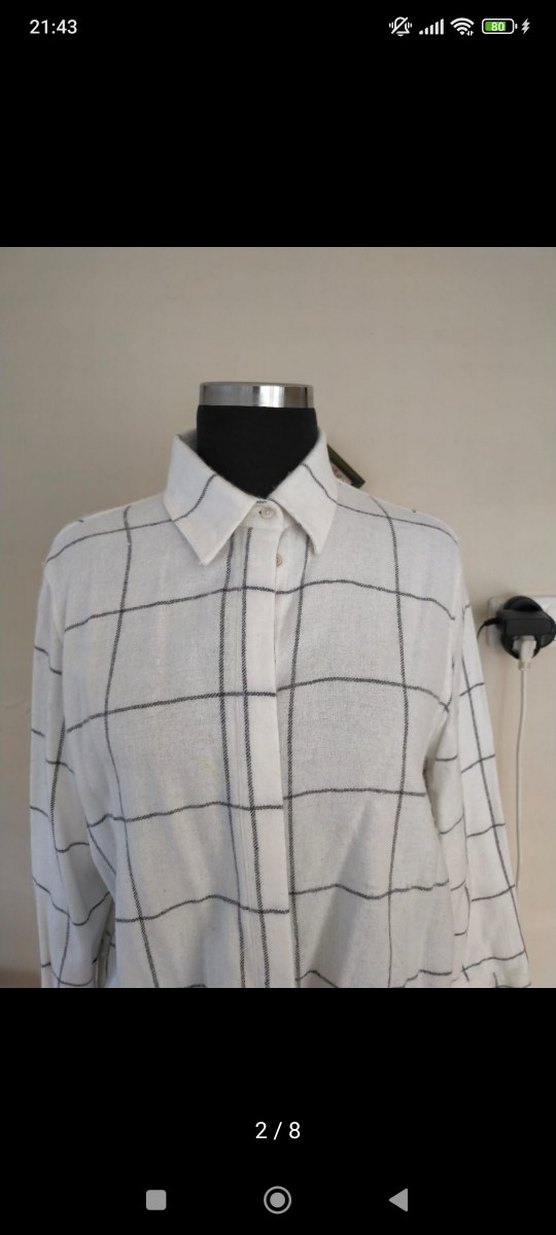 Düz Kesim Kareli Bej Kadın Gömlek - Görsel 5