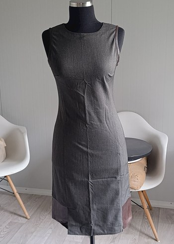 Gri Deri detaylı midi Kalem Elbise - Görsel 6