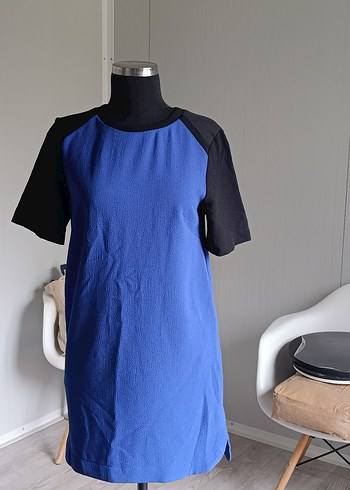 Siyah Kısa Kollu Mavi Mini Elbise - Görsel 3