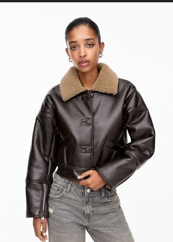 Pull Bear Kadın Kahverengi Deri Kürklü Ceket