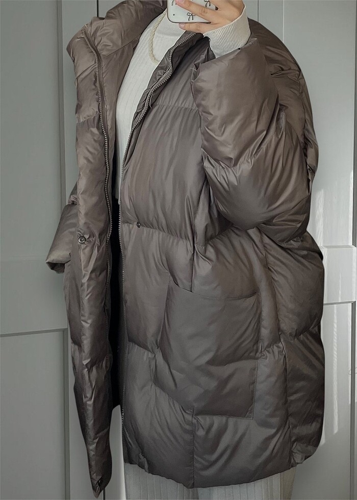 Oversize Şişme Mont Vizon Gri - Görsel 3