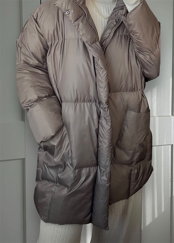 Oversize Şişme Mont Vizon Gri - Görsel 2