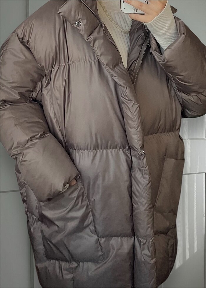 Oversize Şişme Mont Vizon Gri - Görsel 4