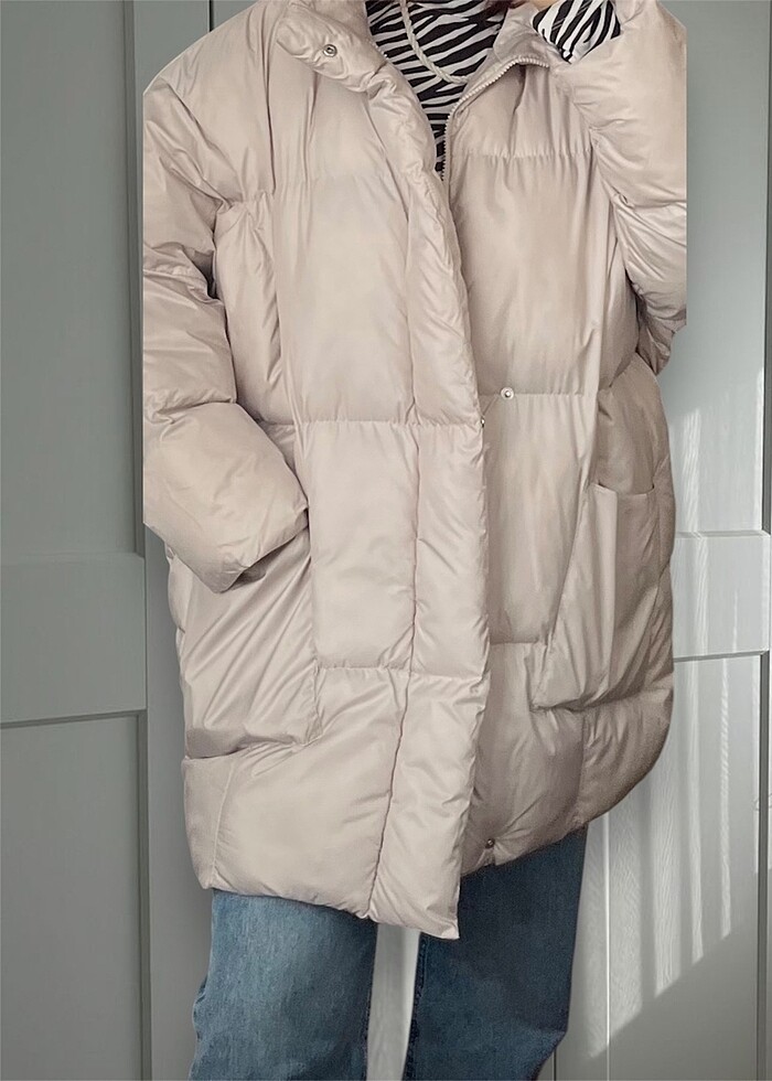 Oversize Şişme Mont Taş Rengi - Görsel 4