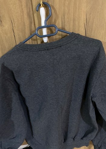 Gri Kadın Yün Sweatshirt, Bisiklet Yaka, Salaş Kesim - Görsel 2