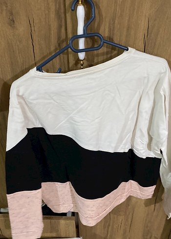 Beyaz Siyah Pudra Renkli Uzun Kollu Pamuklu Tişört - Görsel 2