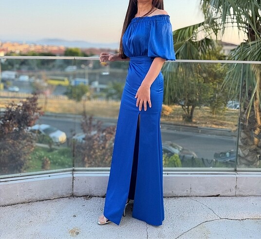 xs Beden mavi Renk Saks Night Zoom Off The Shoulder Uzun Elbise