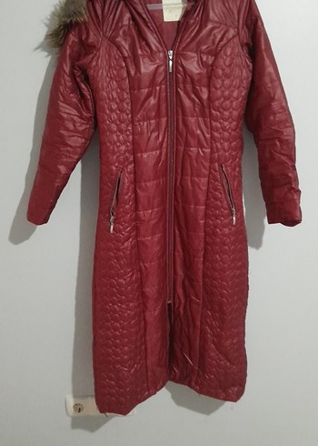 Bordo Uzun Kadın Kışlık Mont Fermuarlı - Görsel 2