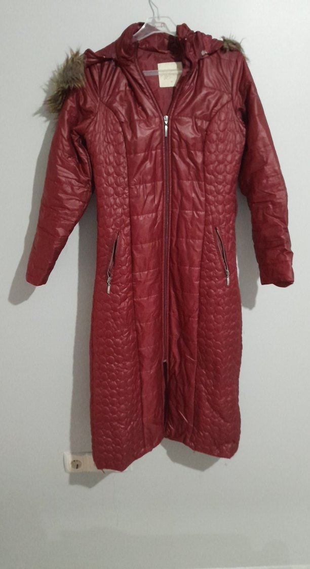 Bordo Uzun Kadın Kışlık Mont Fermuarlı - Görsel 2