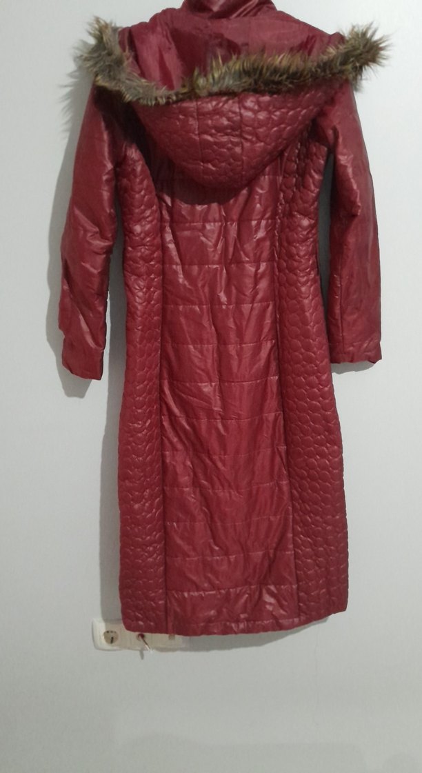 Bordo Uzun Kadın Kışlık Mont Fermuarlı - Görsel 5