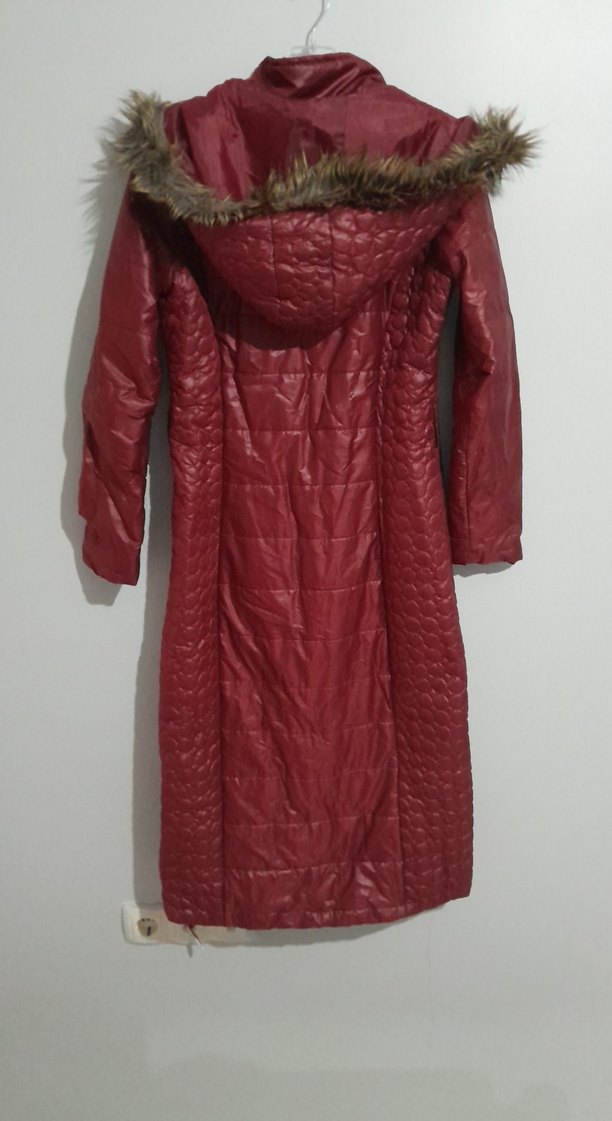 Bordo Uzun Kadın Kışlık Mont Fermuarlı - Görsel 4