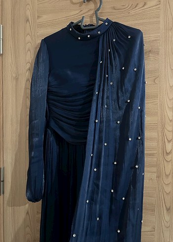 Lacivert Uzun Kollu Drapeli Uzun Abiye Elbise - Görsel 2