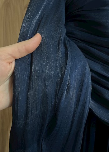 Lacivert Uzun Kollu Drapeli Uzun Abiye Elbise - Görsel 5