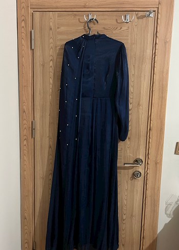 Lacivert Uzun Kollu Drapeli Uzun Abiye Elbise - Görsel 3