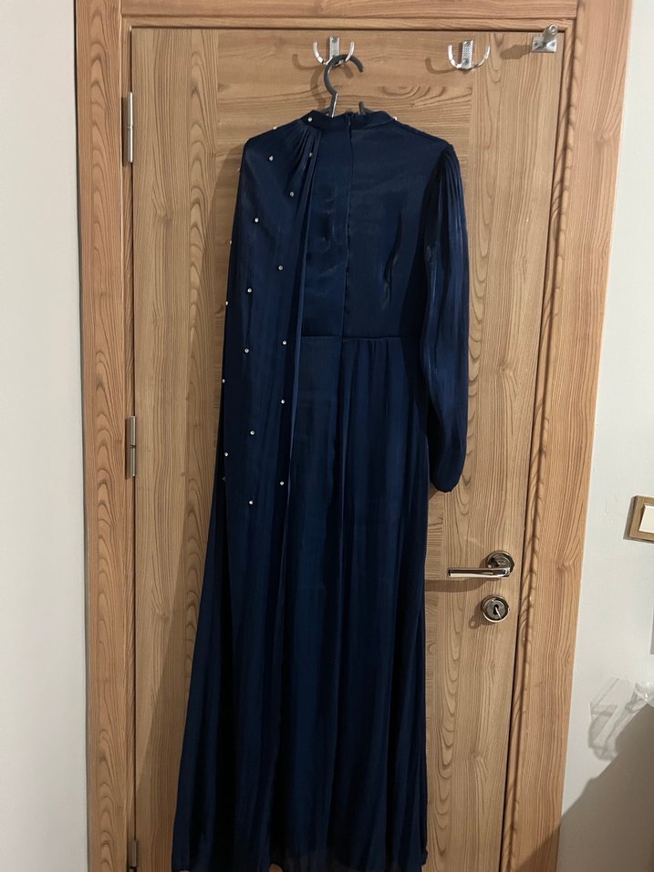 Lacivert Uzun Kollu Drapeli Uzun Abiye Elbise - Görsel 4