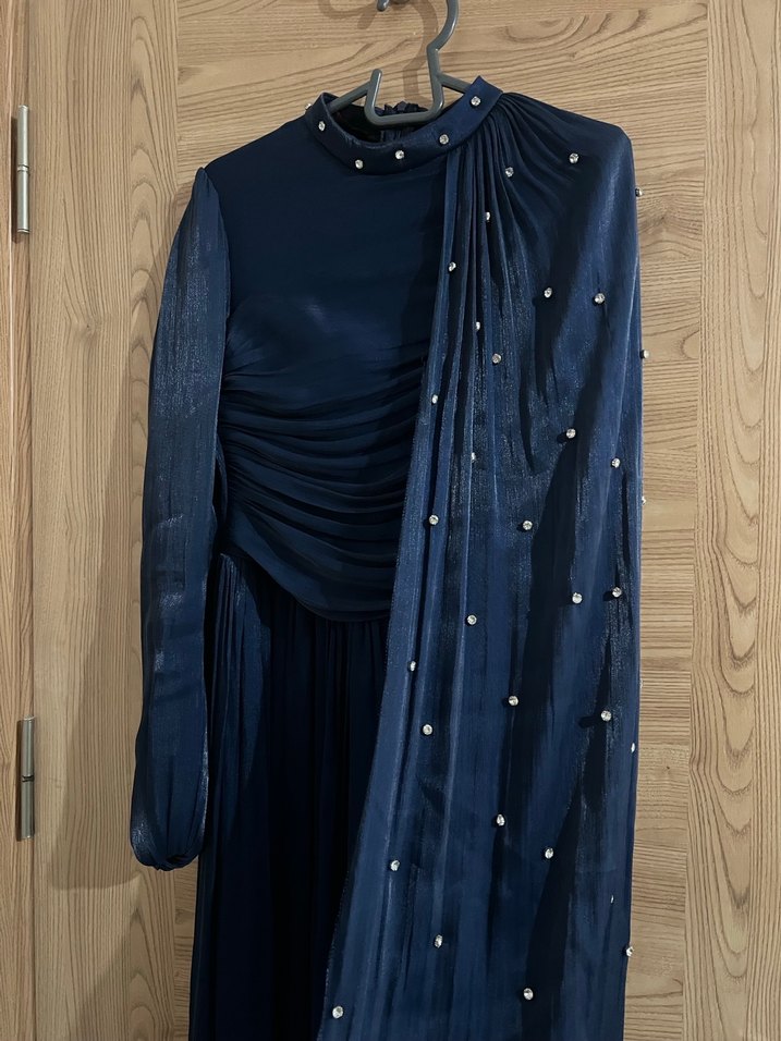 Lacivert Uzun Kollu Drapeli Uzun Abiye Elbise - Görsel 2