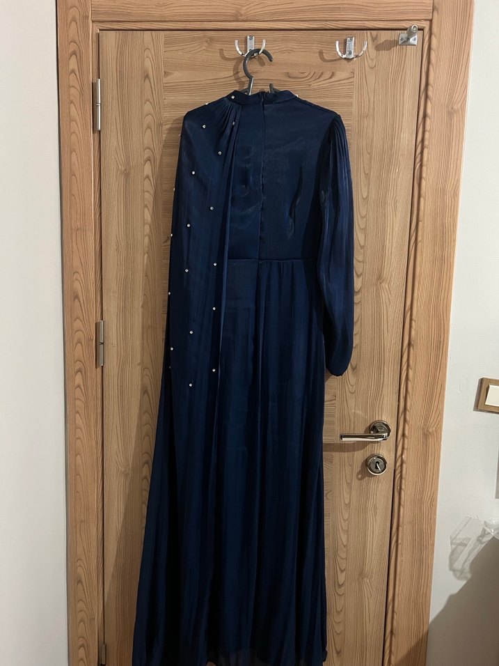 Lacivert Uzun Kollu Drapeli Uzun Abiye Elbise - Görsel 3